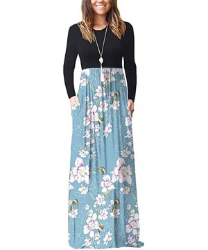 Women's Maxi Dresses Floral Printed Autumn Casual Long Sleeve Loose Dress with Pockets - Blue_3 - CW194OTU75T $16.92-Cover-Ups