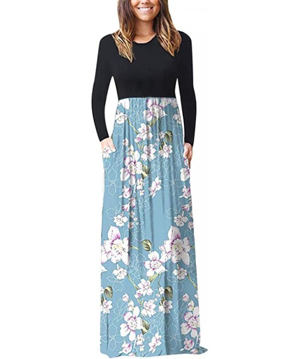 Women's Maxi Dresses Floral Printed Autumn Casual Long Sleeve Loose Dress with Pockets - Blue_3 - CW194OTU75T $16.92-Cover-Ups