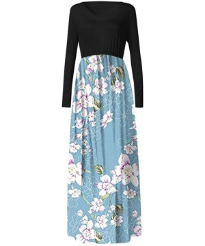 Women's Maxi Dresses Floral Printed Autumn Casual Long Sleeve Loose Dress with Pockets - Blue_3 - CW194OTU75T $16.92-Cover-Ups