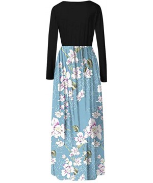 Women's Maxi Dresses Floral Printed Autumn Casual Long Sleeve Loose Dress with Pockets - Blue_3 - CW194OTU75T $16.92-Cover-Ups