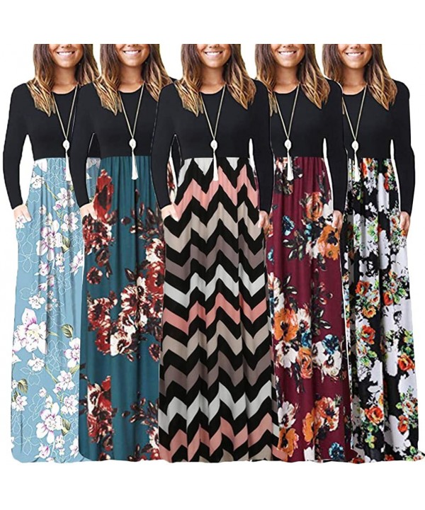 Women's Maxi Dresses Floral Printed Autumn Casual Long Sleeve Loose Dress with Pockets - Blue_3 - CW194OTU75T $16.92-Cover-Ups