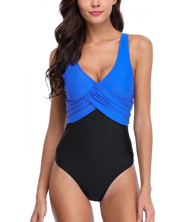 Women's Plunge Neck One Piece Swimsuit Backless Monokini Bathing Suit - Cross Front/Black Blue - CR18D07UWRR $19.12-One-Pieces