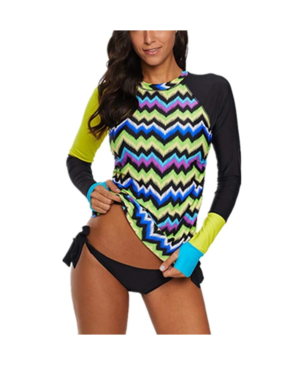 Womens Long Sleeve Rash Guard Athletic Swim Shirt Color Block Print Tankini Sets Swimsuit S XXXL - Contrast Yellow - CX18TX38...