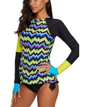 Womens Long Sleeve Rash Guard Athletic Swim Shirt Color Block Print Tankini Sets Swimsuit S XXXL - Contrast Yellow - CX18TX38...