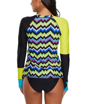 Womens Long Sleeve Rash Guard Athletic Swim Shirt Color Block Print Tankini Sets Swimsuit S XXXL - Contrast Yellow - CX18TX38...