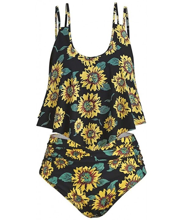 Women Two Piece Bathing Suits Ruffled Racerback Top Sunflower Print High Waisted Tankini - Black - CC197KYXR94 $16.62-One-Pieces