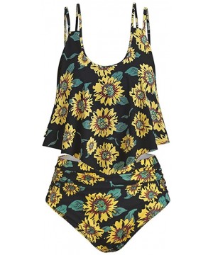 Women Two Piece Bathing Suits Ruffled Racerback Top Sunflower Print High Waisted Tankini - Black - CC197KYXR94 $16.62-One-Pieces