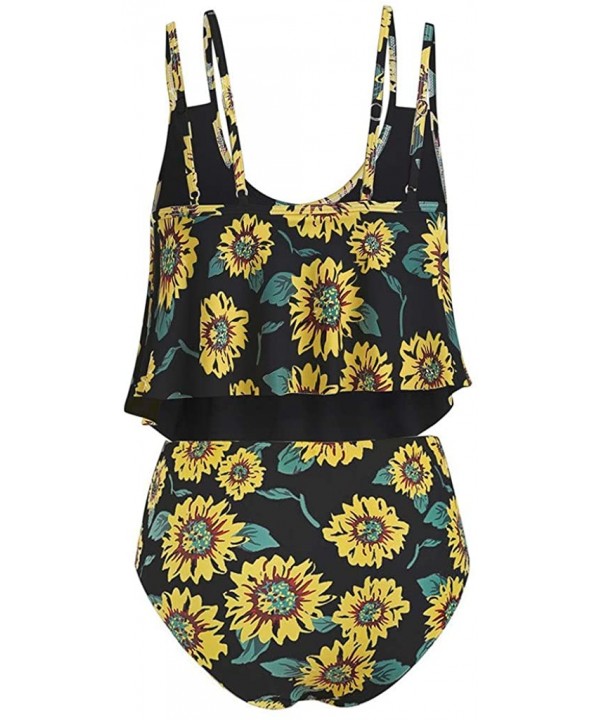 Women Two Piece Bathing Suits Ruffled Racerback Top Sunflower Print High Waisted Tankini - Black - CC197KYXR94 $16.62-One-Pieces