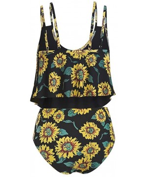 Women Two Piece Bathing Suits Ruffled Racerback Top Sunflower Print High Waisted Tankini - Black - CC197KYXR94 $16.62-One-Pieces