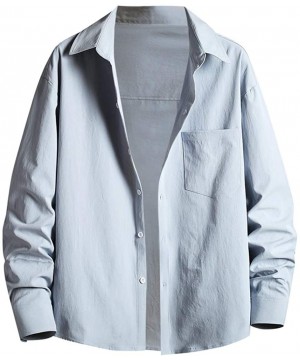 Mens Letter Printed Casual Shirt- Solid Long Sleeve Button-Down Beach Shirt Tops - Blue - CZ1965K2UWN $26.03-Rash Guards