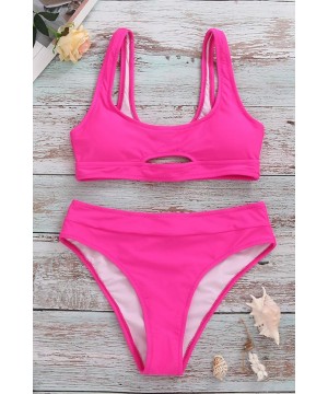 Womens Crop Top High Waisted Swimsuits Sport High Cut Bathing Suits Cutout Bikini Set Two Piece - Rose - CN19642M5UN $30.59-Sets