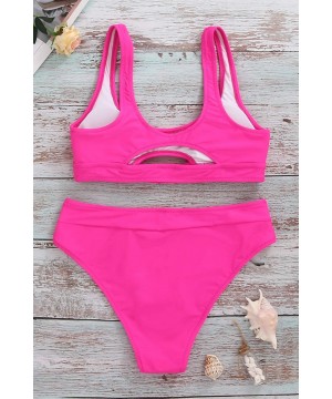 Womens Crop Top High Waisted Swimsuits Sport High Cut Bathing Suits Cutout Bikini Set Two Piece - Rose - CN19642M5UN $30.59-Sets