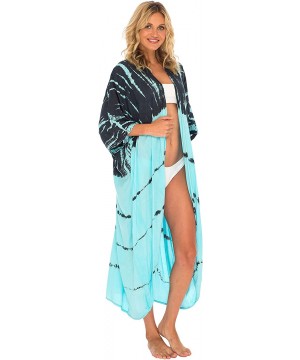 Womens Casual Loose Kimono Cardigan Tie Dye Beach Coverups Plus Size - Turquoise - CL18SAWS08K $33.76-Cover-Ups