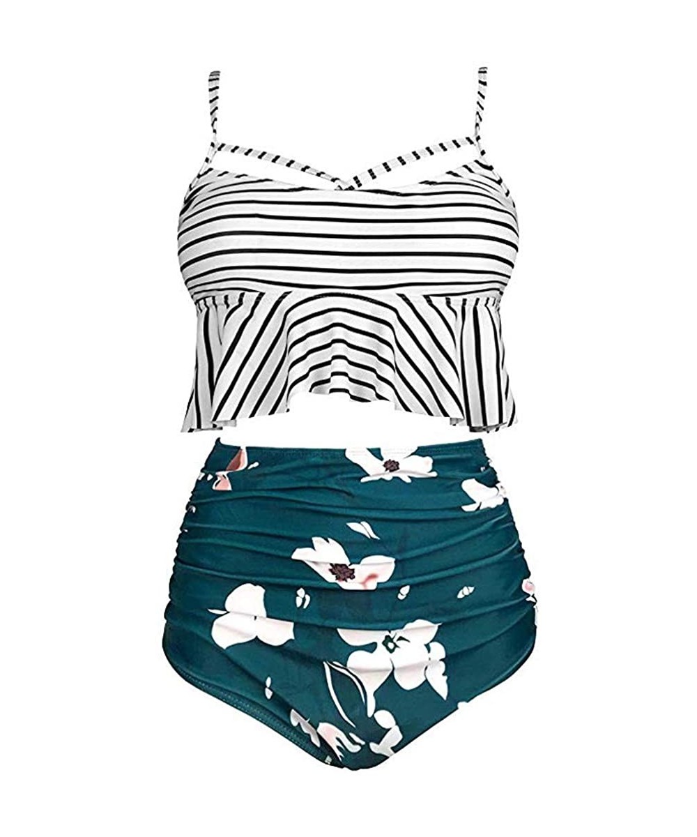 Women Ruffled High Waisted Tankini Bikini Swimsuit Set S-XXXL - Army Green-2 - CH18UU3TTWL $21.51-One-Pieces