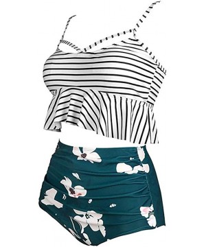 Women Ruffled High Waisted Tankini Bikini Swimsuit Set S-XXXL - Army Green-2 - CH18UU3TTWL $21.51-One-Pieces