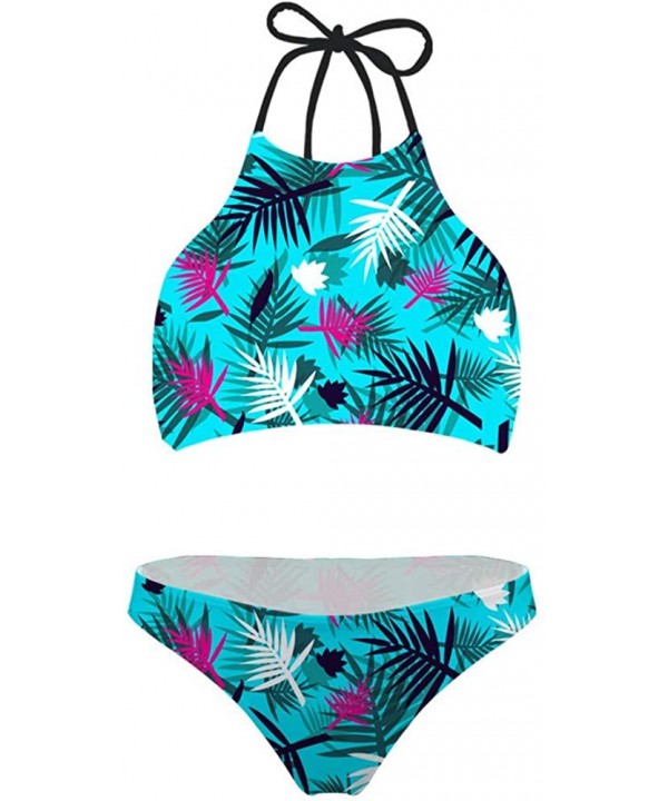 Women's High Neck Halter Bikini Swimwear 2 Piece Set Summer Hawaiian Style Beachwear - Palm-2 - CD18QC8XXMN $22.05-One-Pieces