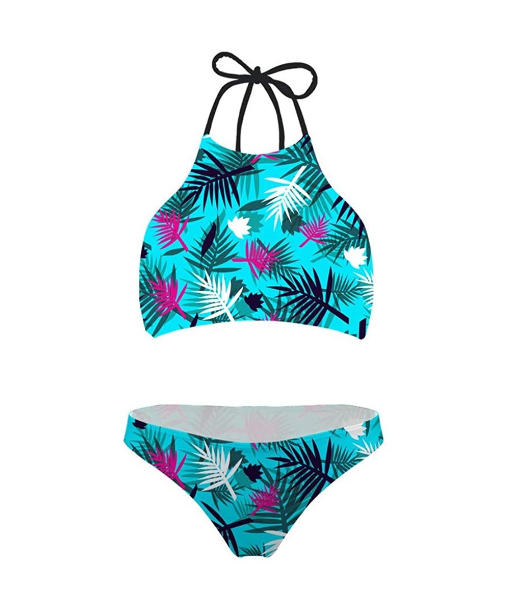 Women's High Neck Halter Bikini Swimwear 2 Piece Set Summer Hawaiian Style Beachwear - Palm-2 - CD18QC8XXMN $22.05-One-Pieces