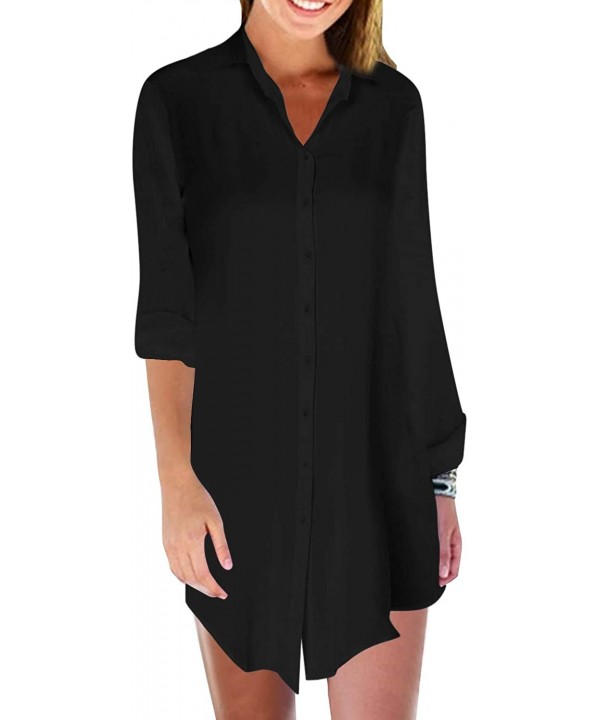 Women's Swimsuit Beach Cover Up Shirt Bathing Suit Bikini Beachwear Summer Chiffon Tunic Top Blouse with Pocket - 01 Black - ...