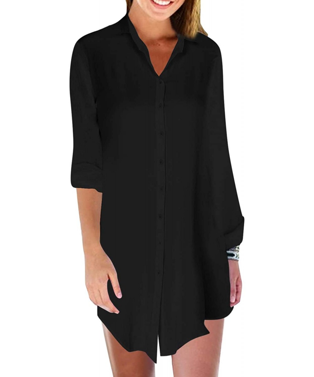 Women's Swimsuit Beach Cover Up Shirt Bathing Suit Bikini Beachwear Summer Chiffon Tunic Top Blouse with Pocket - 01 Black - ...