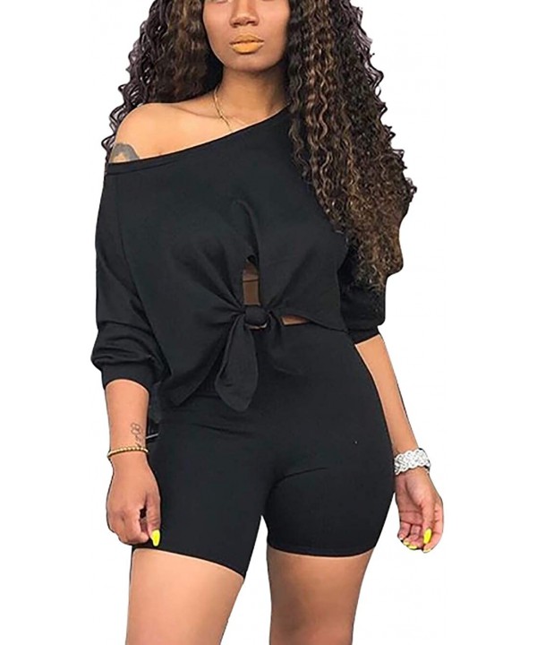 2 Piece Outfits for Women - Sexy Two Piece Sets Tie Front Crop Top + Skinny Pants Jumpsuits - Black-1 - CO18UWKL2R5 $20.26-Sets