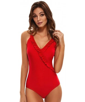 Womens Halter/V Neck Swimsuit One Piece Floral Print Bathing Suit - Red - CI18SX36EAR $28.97-One-Pieces