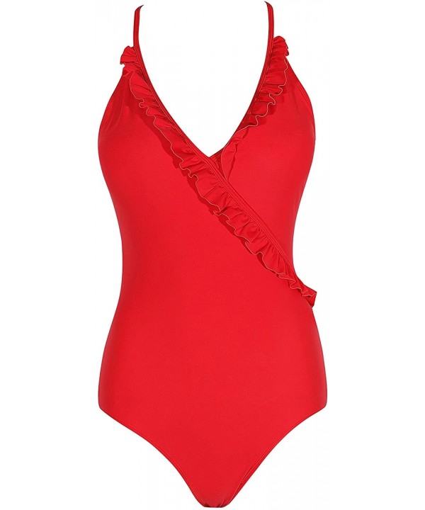 Womens Halter/V Neck Swimsuit One Piece Floral Print Bathing Suit - Red - CI18SX36EAR $28.97-One-Pieces