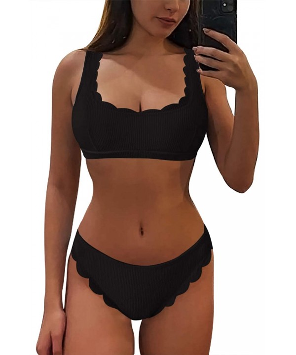 Women's Scalloped Trim 2 Piece Bikini Sets High Cut Ribbed Swimsuits - Black - CC199XUDD08 $16.09-Sets