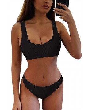 Women's Scalloped Trim 2 Piece Bikini Sets High Cut Ribbed Swimsuits - Black - CC199XUDD08 $16.09-Sets