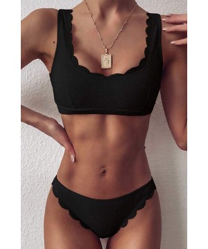 Women's Scalloped Trim 2 Piece Bikini Sets High Cut Ribbed Swimsuits - Black - CC199XUDD08 $16.09-Sets