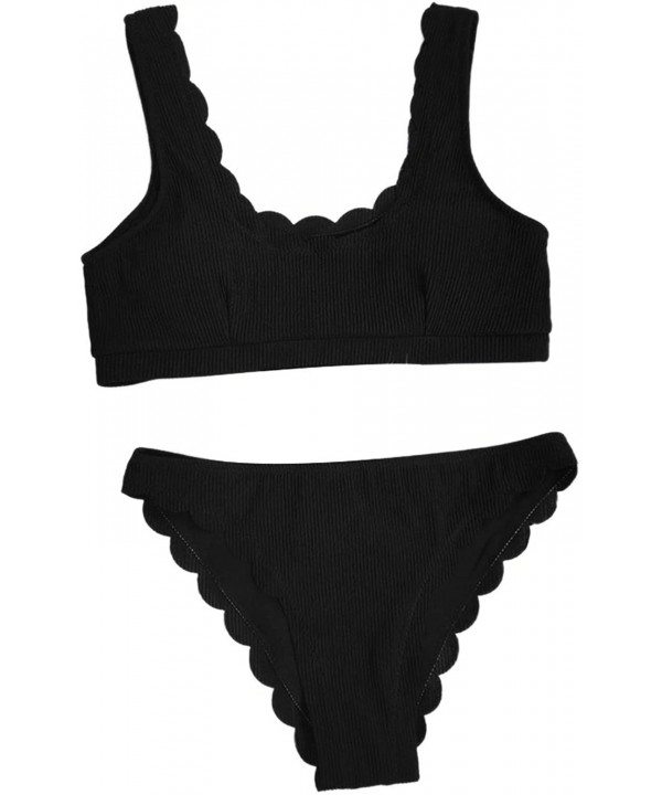 Women's Scalloped Trim 2 Piece Bikini Sets High Cut Ribbed Swimsuits - Black - CC199XUDD08 $16.09-Sets