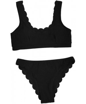 Women's Scalloped Trim 2 Piece Bikini Sets High Cut Ribbed Swimsuits - Black - CC199XUDD08 $16.09-Sets