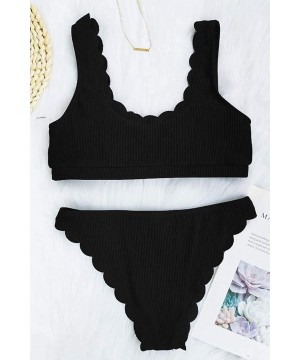 Women's Scalloped Trim 2 Piece Bikini Sets High Cut Ribbed Swimsuits - Black - CC199XUDD08 $16.09-Sets