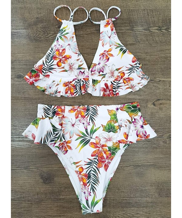 High Waisted Ruffle Bikini Set Women Triangle Two Piece Straps Swimsuit Beachwear - Print-42 - CE19EIURCW8 $25.48-Sets