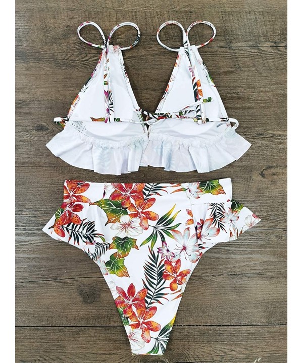 High Waisted Ruffle Bikini Set Women Triangle Two Piece Straps Swimsuit Beachwear - Print-42 - CE19EIURCW8 $25.48-Sets