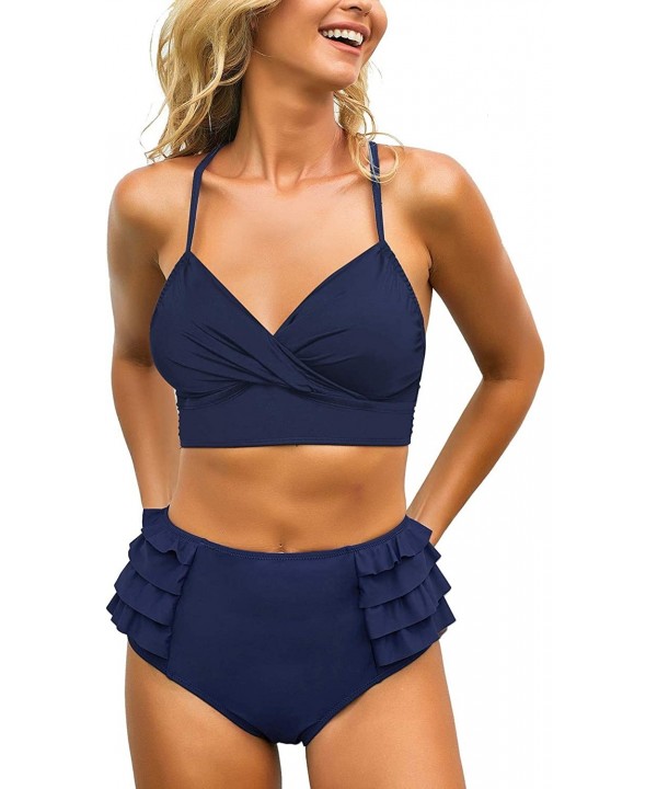 Women's Ruched Wrap Front Tankini Set 2 Piece Swimsuit Beachwear - Wrap Bikini Top Navy - CP196OGD76K $29.36-Tankinis