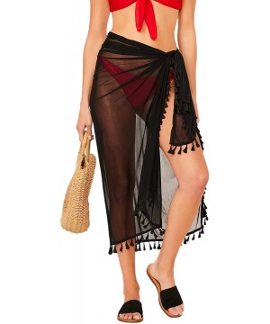 Women's Tassel Trim Sheer Coverup Skirt - Black - CT18AQ54EGO $11.75-Cover-Ups