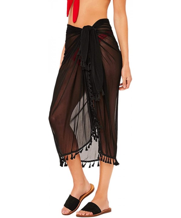 Women's Tassel Trim Sheer Coverup Skirt - Black - CT18AQ54EGO $11.75-Cover-Ups