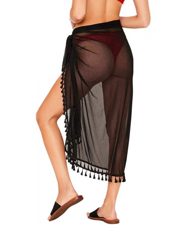 Women's Tassel Trim Sheer Coverup Skirt - Black - CT18AQ54EGO $11.75-Cover-Ups