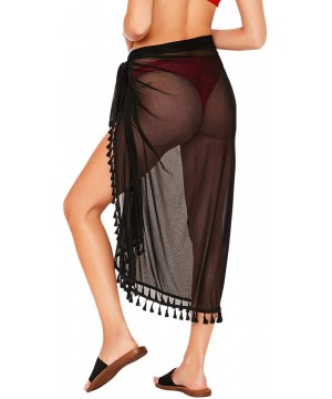 Women's Tassel Trim Sheer Coverup Skirt - Black - CT18AQ54EGO $11.75-Cover-Ups