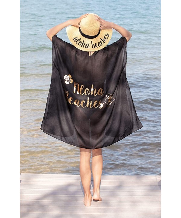 Sun Hat Floppy Beach Swimsuit Coverup Matching Saying Summer Bundle - Aloha Beaches - Natural Hat/Black Coverup - C2190RRGUI3...