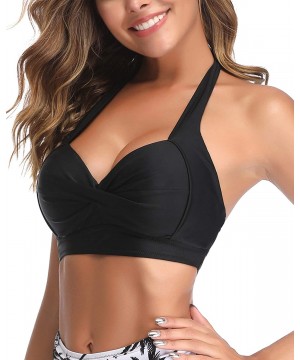 Women Bikini Top Push Up Halter Padded Retro Swimsuit Vintage Backless Top - Black - CR18AS3EESR $22.02-Tops