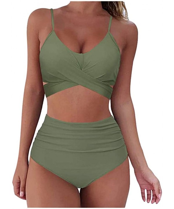 Women High Waisted 2 Piece Swimsuit Floral Ruched Bikini Cross Strappy Swimwear Vintage Bathing Suit Bikini Set - 2-army Gree...