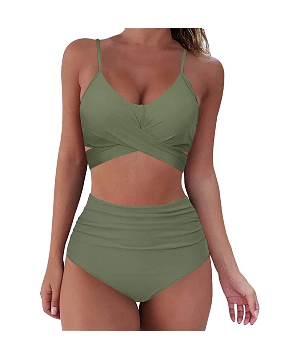 Women High Waisted 2 Piece Swimsuit Floral Ruched Bikini Cross Strappy Swimwear Vintage Bathing Suit Bikini Set - 2-army Gree...