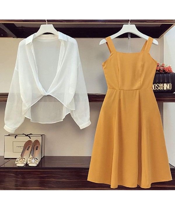 Women's Elegant 2 Pieces Sheer Beach Smock Strappy Flared A Line Midi Dress - Mustard - CR199QTHSZ8 $35.47-Cover-Ups