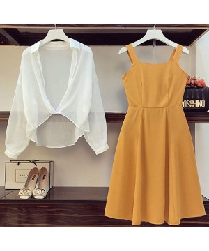 Women's Elegant 2 Pieces Sheer Beach Smock Strappy Flared A Line Midi Dress - Mustard - CR199QTHSZ8 $35.47-Cover-Ups