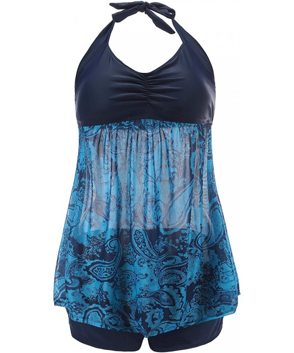 Womens Plus Size Swimsuits Swimwear Bathing Suit Two Piece Tankini Floral Print - Blue 2 - C618LQH45R3 $31.99-Sets