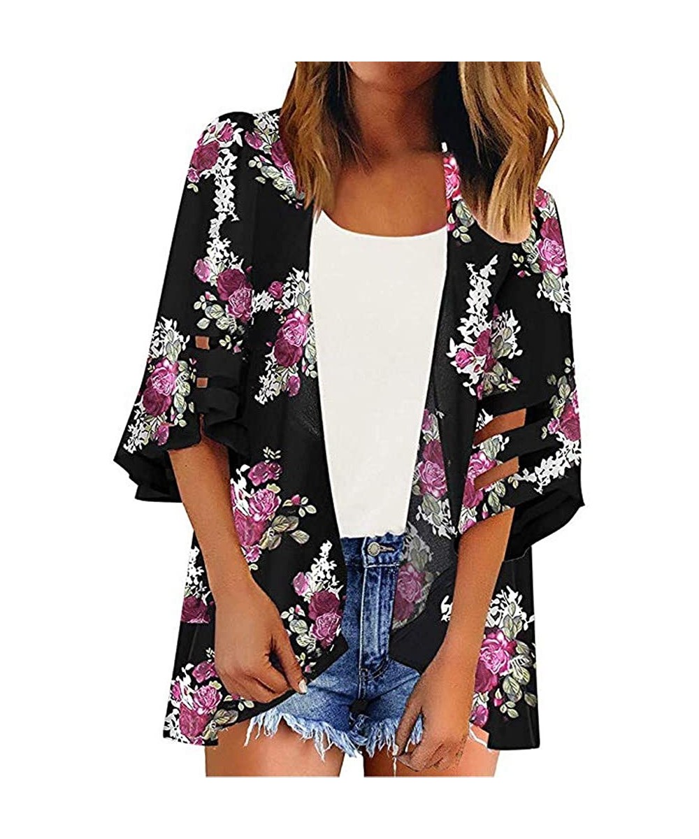 Womens Kimono Cardigan- Mesh Panel 3/4 Bell Sleeve Solid Color Floral Open Front Cover Up Tops Blouses - 2 Black - CQ18WHMXNE...