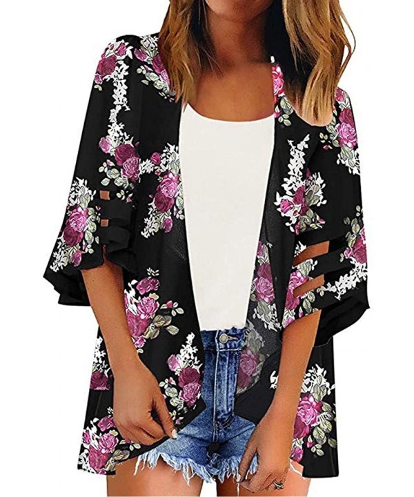 Womens Kimono Cardigan- Mesh Panel 3/4 Bell Sleeve Solid Color Floral Open Front Cover Up Tops Blouses - 2 Black - CQ18WHMXNE...