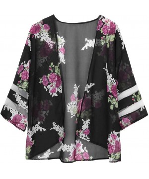 Womens Kimono Cardigan- Mesh Panel 3/4 Bell Sleeve Solid Color Floral Open Front Cover Up Tops Blouses - 2 Black - CQ18WHMXNE...