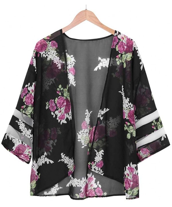 Womens Kimono Cardigan- Mesh Panel 3/4 Bell Sleeve Solid Color Floral Open Front Cover Up Tops Blouses - 2 Black - CQ18WHMXNE...